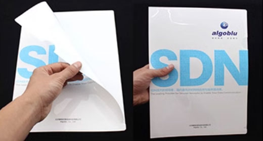 Close look at L-shape folder printing type